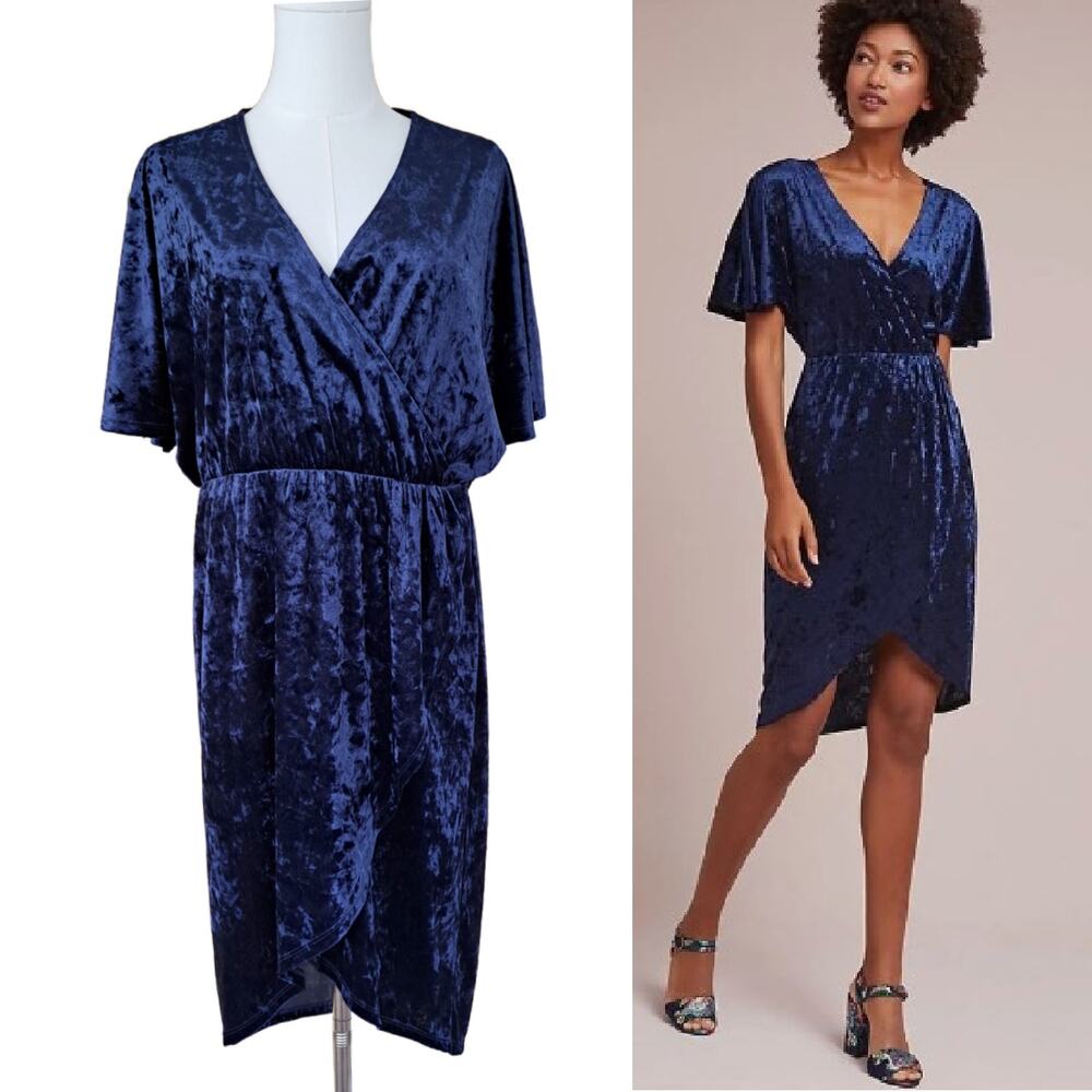 Anthropologie Sunday Brooklyn Blue Velvet Plisse V-neck Dress Large Petite Party